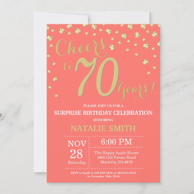 Coral and Gold Surprise 70th Birthday Diamond Invitation (Front)