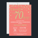 Coral and Gold Surprise 70th Birthday Diamond Invitation<br><div class="desc">Surprise 70th Birthday Invitation with Coral and Gold Glitter Diamond Background. Gold Confetti. Adult Birthday. Male Men or Women Birthday. For further customisation,  please click the "Customise it" button and use our design tool to modify this template.</div>