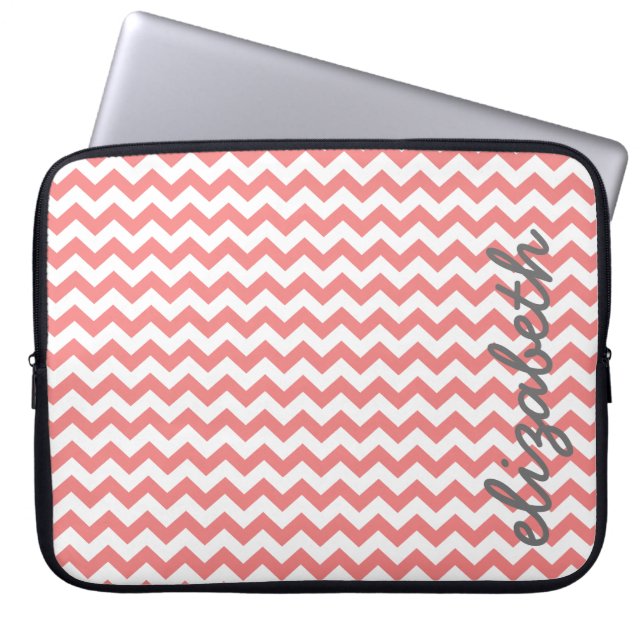 Coral and Gray Chevron Pattern with Big Name Laptop Sleeve (Front)