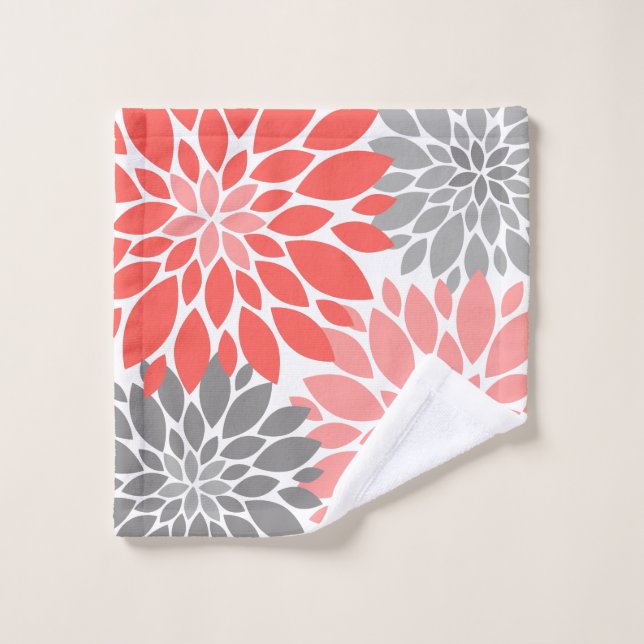 Coral and Gray Chrysanthemums Floral Pattern Bath Towel Set (Wash Cloth)
