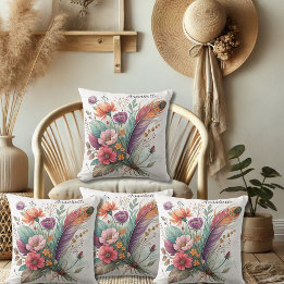 Coral and Green Feathers and Flowers Cushion