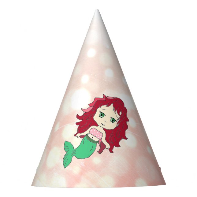 Coral and Green Red Haired Mermaid Birthday Hat (Front)