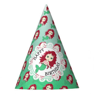 Coral and Green Red Haired Mermaid Birthday Hat