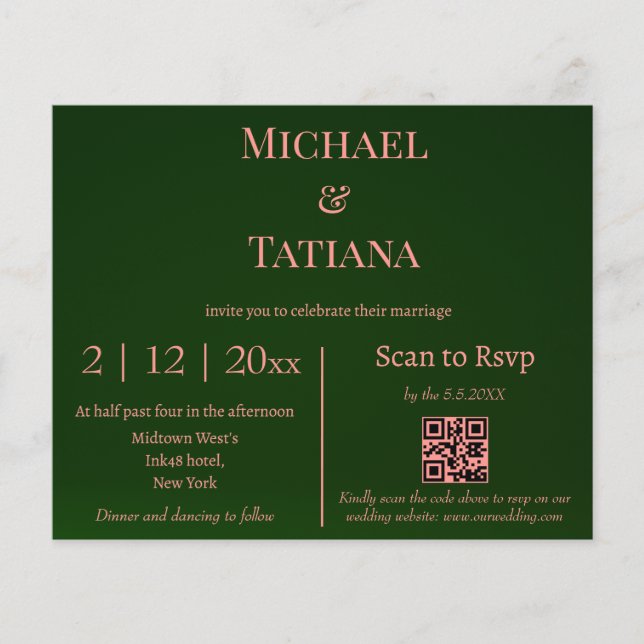  coral and green rsvp qr code wedding invitation  (Front)