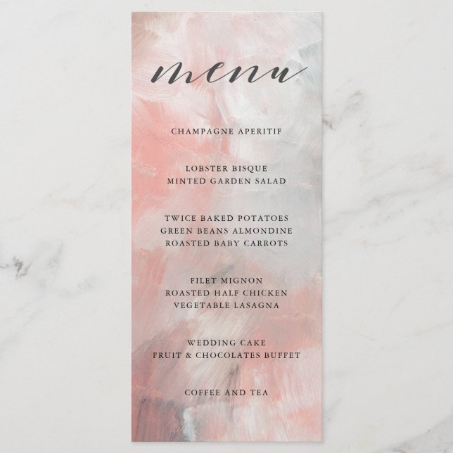 Coral and Grey Abstract Brushstrokes Wedding Menu (Front)