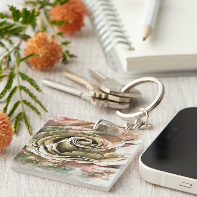 Coral and Grey Artistic Romantic Rose Key Ring (Front Right)
