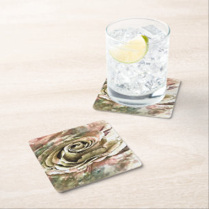 Coral and Grey Artistic Romantic Rose Square Paper Coaster