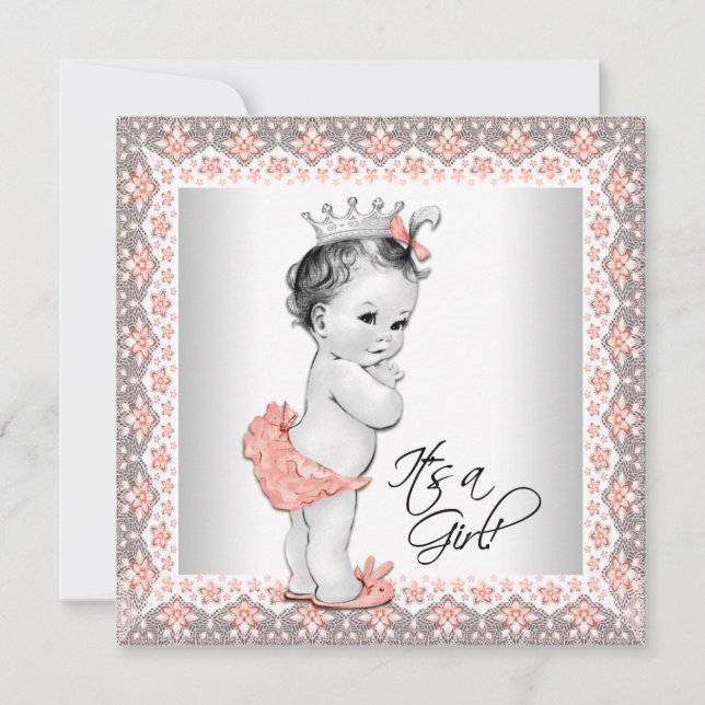 Coral and Grey Baby Girl Shower Invitation (Front)