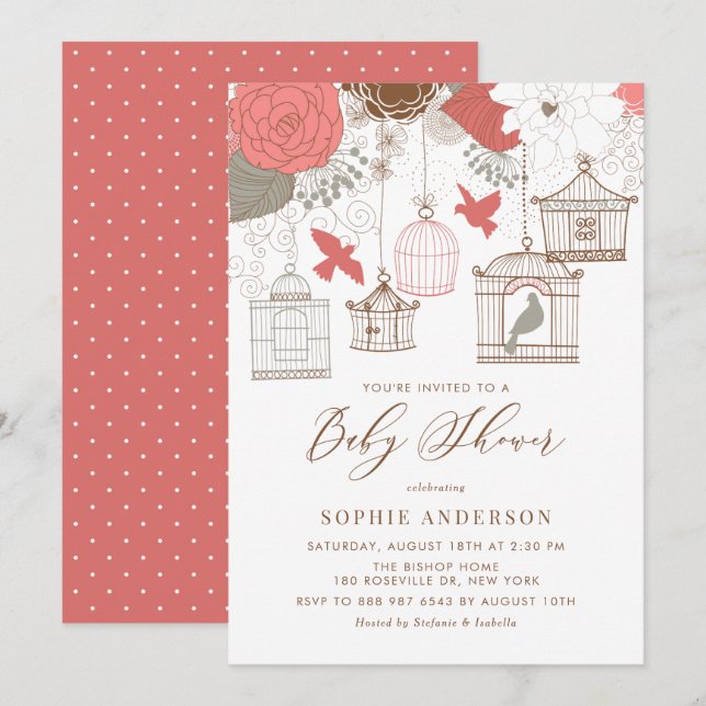 Coral and Grey Birdcages Baby Shower Invitation (Front/Back)