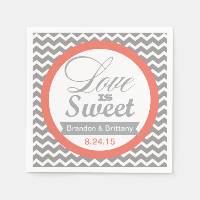 Coral and Grey Chevron Wedding Napkins (Front)