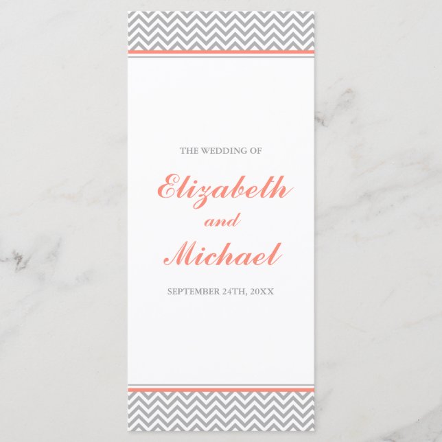 Coral and Grey Chevron Wedding Program Programme (Front)
