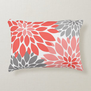 Coral and Grey Chrysanthemums Floral Pattern Decorative Cushion