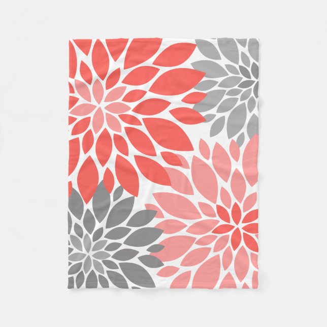Coral and Grey Chrysanthemums Floral Pattern Fleece Blanket (Front)