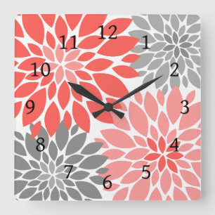 Coral and Grey Chrysanthemums Floral Pattern Square Wall Clock