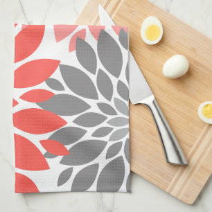 Coral and Grey Chrysanthemums Floral Pattern Tea Towel