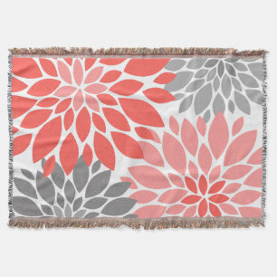 Coral and Grey Chrysanthemums Floral Pattern Throw Blanket