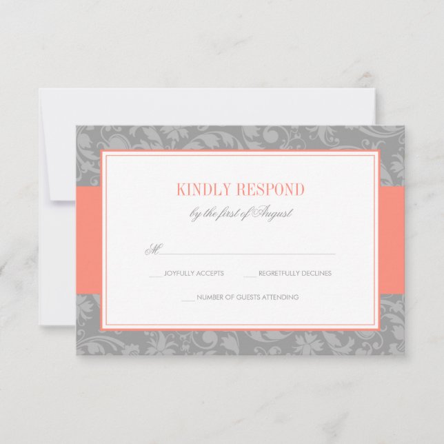 Coral and Grey Damask Wedding RSVP (Front)