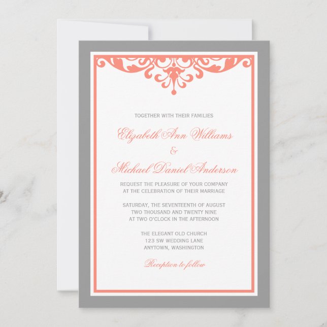 Coral and Grey Flourish Wedding Invitations (Front)