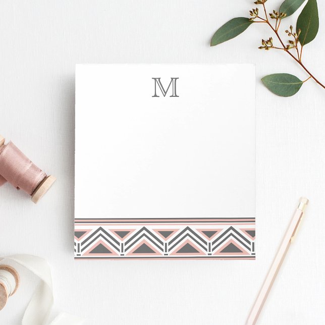 Coral and Grey Geometric Tribal Pattern Monogram Notepad (Creator Uploaded)