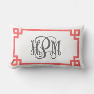 Coral and Grey Greek Key Script Monogram Lumbar Cushion