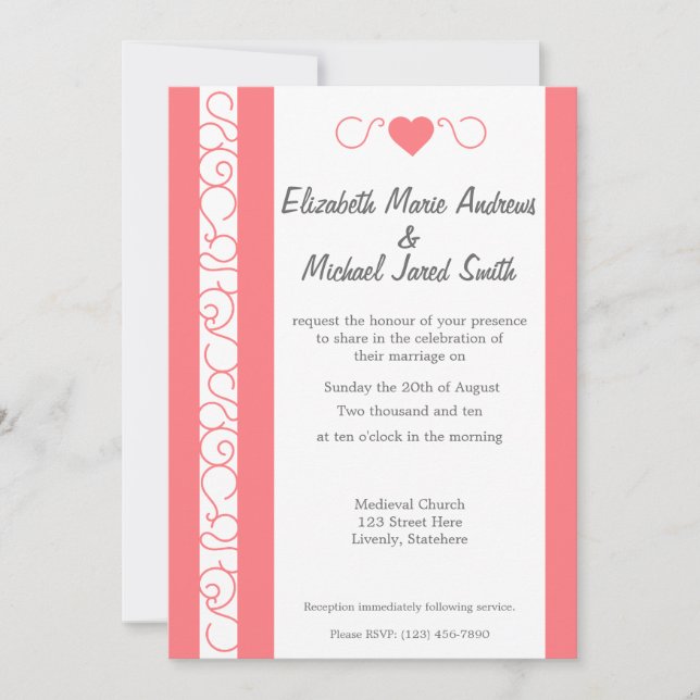 Coral and Grey Heart Wedding Invitation (Front)