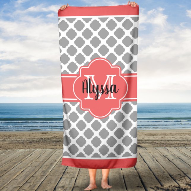 Coral and Grey Moroccan Monogrammed Bath Towel (Creator Uploaded)