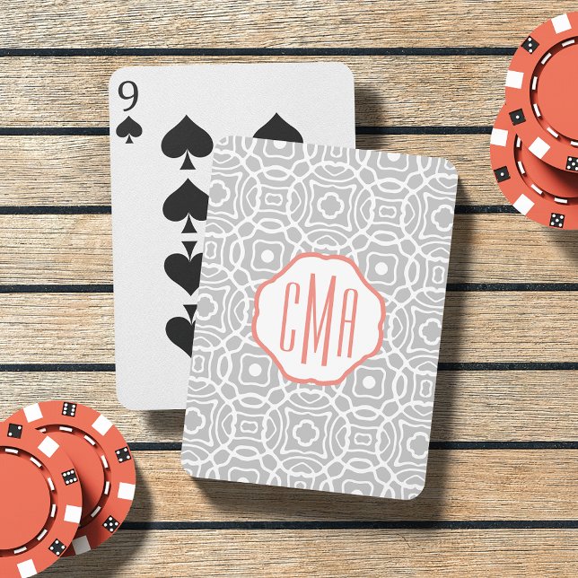 Coral and Grey Quatrefoil Monogram Playing Cards (Creator Uploaded)