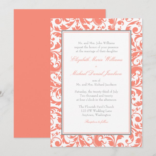 Coral and Grey Swirl Damask Wedding Invitation (Front/Back)