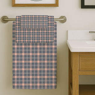 Coral and Grey Towels Stylish Plaid Bathroom Set