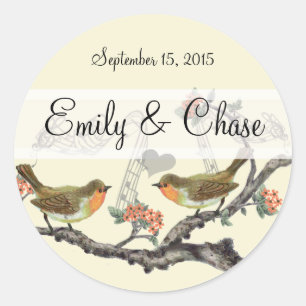 Coral and Grey Vintage Birds Wedding Stickers