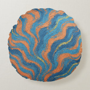 coral and indigo waves round cushion