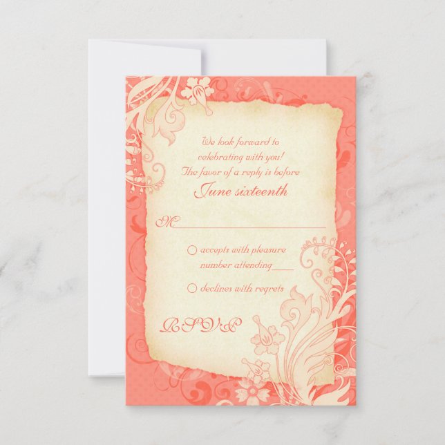 Coral and Ivory Floral Wedding Reply Card (Front)