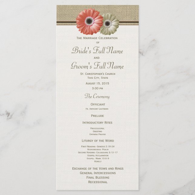 Coral and Ivory Gerbera Daisy Wedding Program Programme (Front)