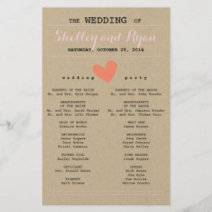 Coral and Kraft Simple Heart Wedding Program