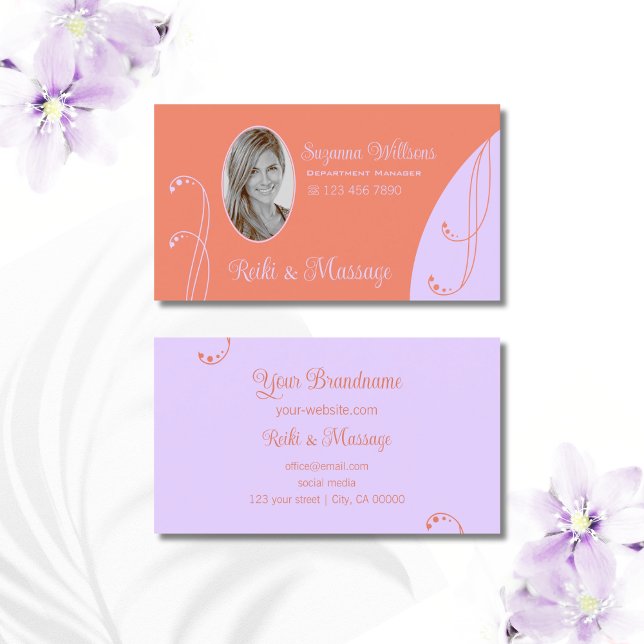 Coral and Lavender Ornate with Portrait Photo Business Card (Creator Uploaded)