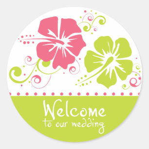 Coral and Lime Hibiscus Flower Wedding Wedding Classic Round Sticker