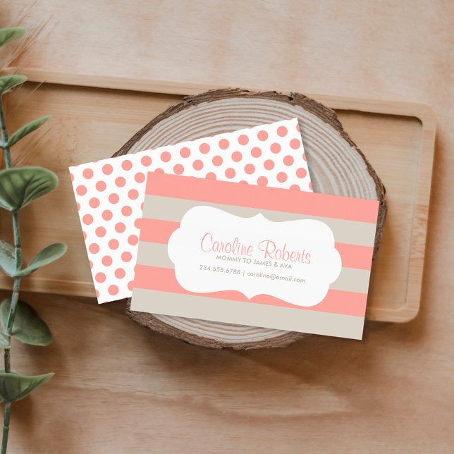 Coral and Linen Modern Stripes and Dots Calling Card (Creator Uploaded)