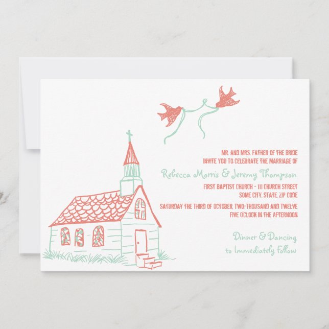 Coral and Mint Chapel Wedding Invitation (Front)