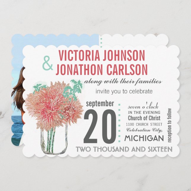 Coral and Mint Chrysanthemum in a Mason Jar Invitation (Front/Back)