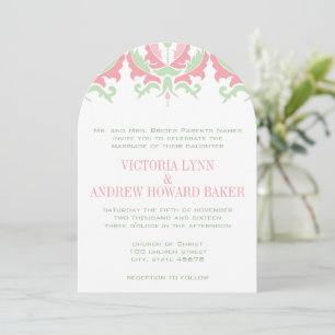 Coral and Mint Damask Wedding Invitation