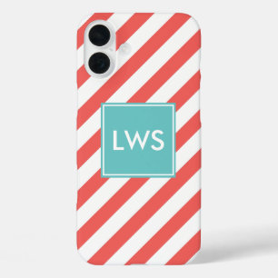 Coral and Mint Diagonal Stripes Monogram iPhone 16 Plus Case