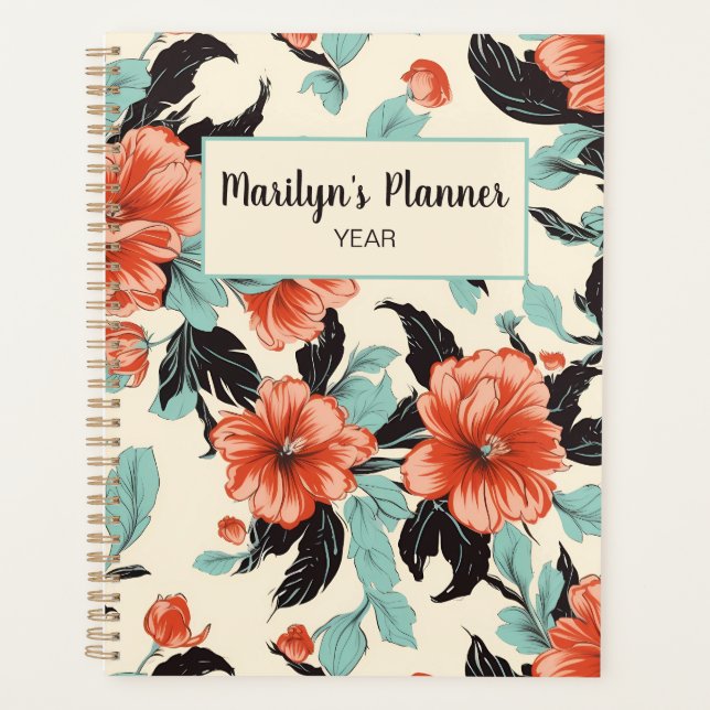 Coral and Mint Foral Personalised Planner (Front)