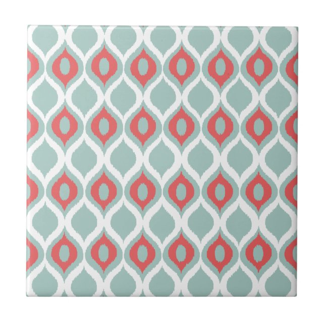 Coral and Mint Geometric Ikat Tribal Print Pattern Tile (Front)
