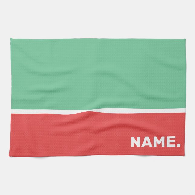 Coral and mint green simple custom text tea towel (Horizontal)