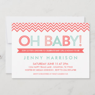 Coral and Mint Modern Chevron Baby Shower Invitation