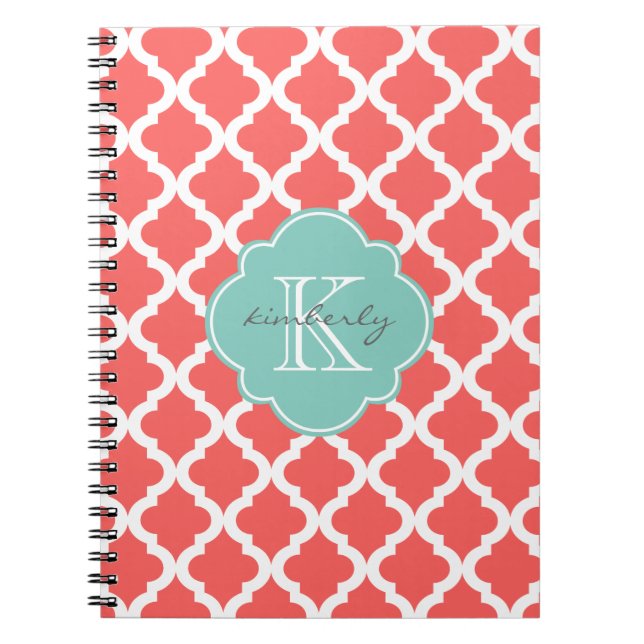 Coral and Mint Moroccan Quatrefoil Print Notebook (Front)