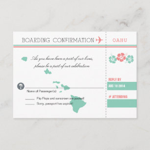 Coral and Mint OAHU Wedding RSVP Boarding Pass Card