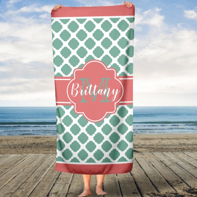 Coral and Mint Quatrefoil Monogram Bath Towel (Creator Uploaded)