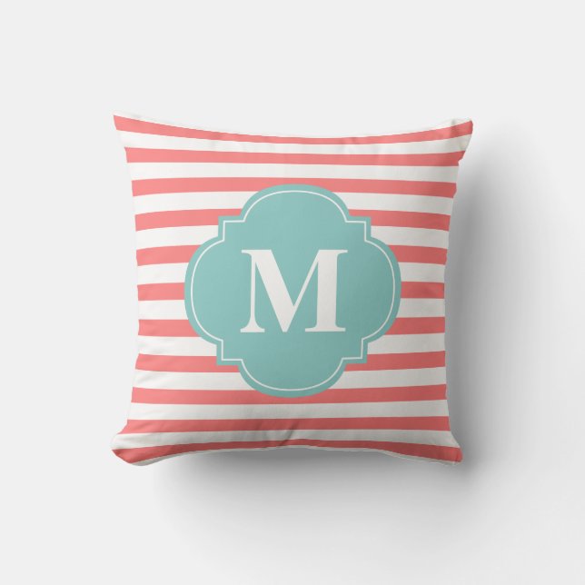 Coral and Mint Stripes Monogram Cushion (Front)