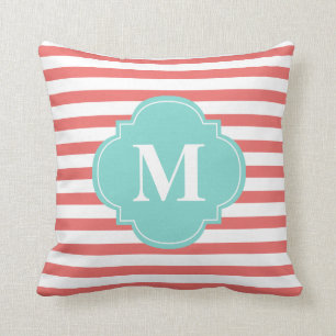 Coral and Mint Stripes Monogram Cushion